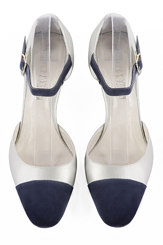 Navy blue and light silver women's open side shoes, with an instep strap. Round toe. Medium comma heels. Top view - Florence KOOIJMAN